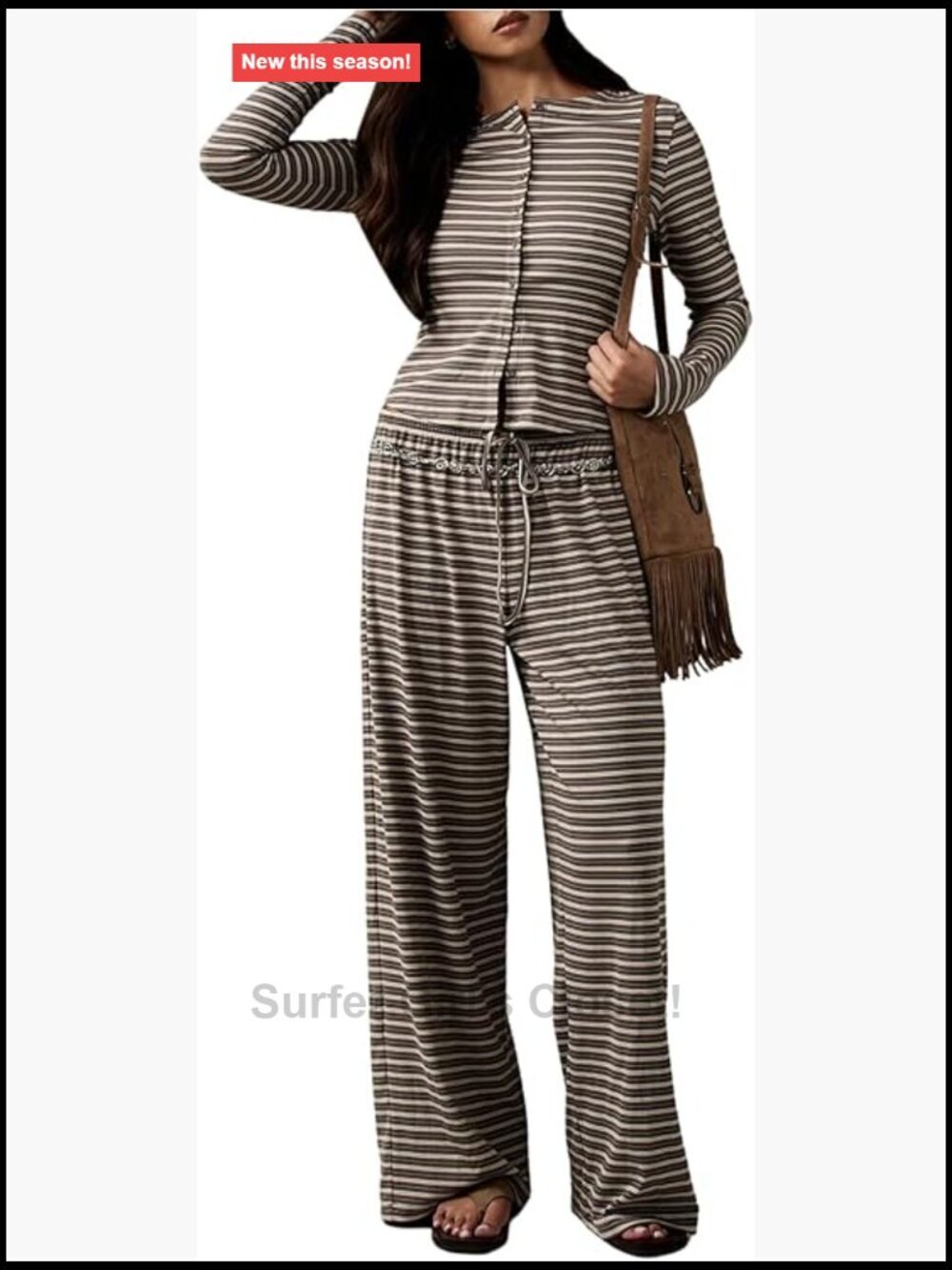 Women's Striped 2 Piece Pants Set Long Sleeve Button Down Top Wide Leg Pull On
